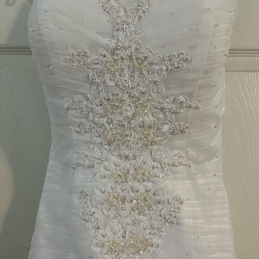 Oleg Cassini White Wedding Dress with Silver Embellishments